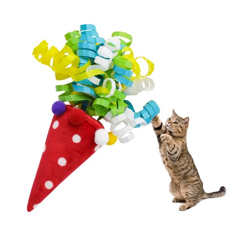 Andiker Catnip Toys for Cats, Cat Interactive Toy with Colorful Ribbon to Bat Chase Roll and Carry, 6.7Inches Cat Teaser Firework Cone Shape Toy for Indoor Cats for Playing & Chewing (Red)