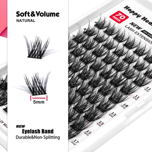 Individual Lash Clusters Natural Flexible Band Eyelash Extension C Curl Faux Mink Thick Volume Cluster lashes Mixed Length Reusable DIY False Eyelashes Happy Heartbeat(Black A13-C)