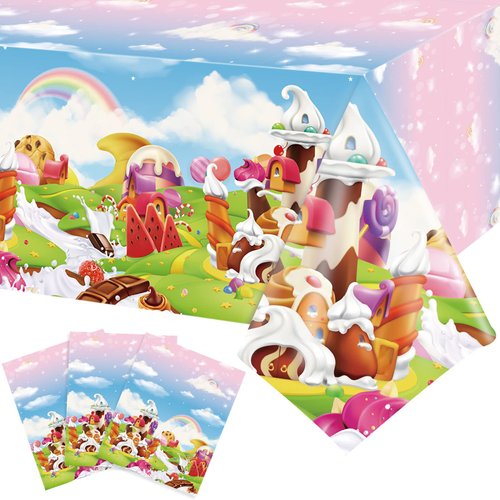 Tiamon 3 Pieces Candyland Birthday Tablecloths Ice Cream Table Covers Sweet Candy Party Table Decorations for Kids Girls Boys Birthday Party Baby Shower Table Supplies, 54 x 108 Inch