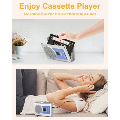 Walkman Cassette Player Recorder with AM FM, Portable Vintage Cassette Tape Player with Earphone Jack,Built-in Microphone,Loud Speaker for Walking,Jogging