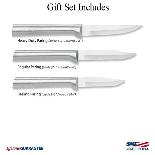 Rada Cutlery - S01 Rada Cutlery Paring Knife Set 3 Knives with Stainless Steel Blades and Brushed Aluminum Made in The USA, 7 1/8", 6 3/4", 6 1/8", Silver Handle