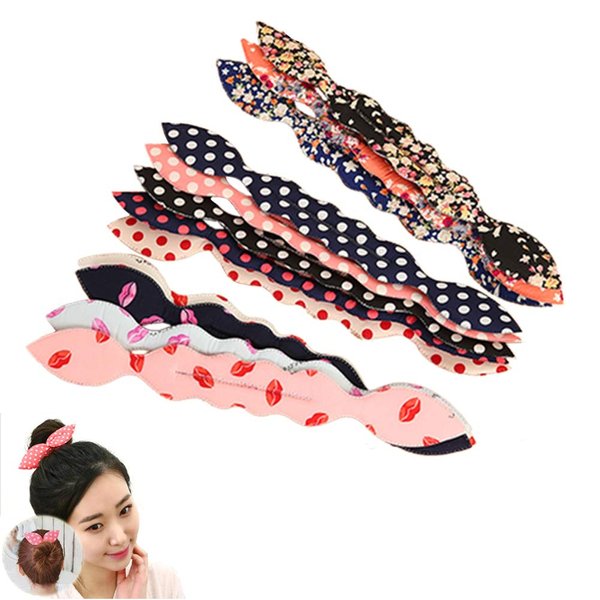 LOVEF 6Pcs Women's Korean Magic Cute Rabbit Bunny Ear Sponge Hair Styling Tools Polka Dot Bow Bun Maker Curler Twist for Ponytail