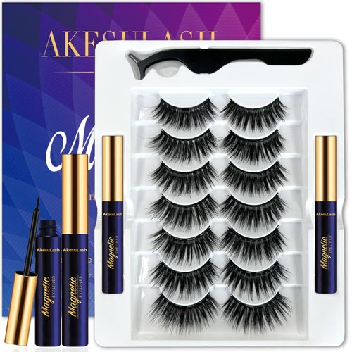 AkesuLash 3D Magnetic Eyelashes Natural Look - 7 Pairs Wispy Round Magnetic Lashes with Eyeliner Kit - Upgraded Long Lasting,Reusable- Easy to Apply