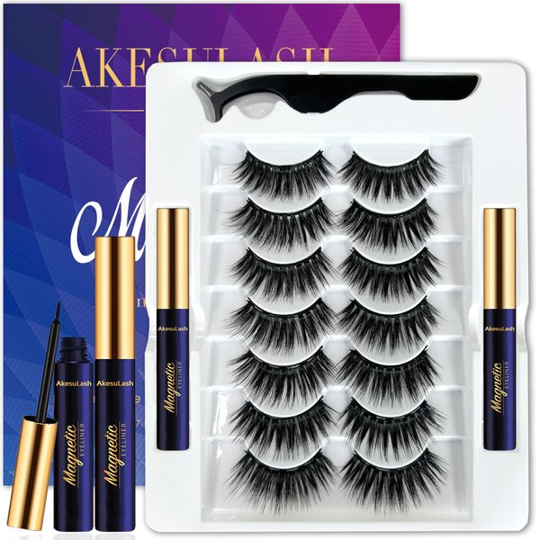 AkesuLash 3D Magnetic Eyelashes Natural Look - 7 Pairs Wispy Round Magnetic Lashes with Eyeliner Kit - Upgraded Long Lasting,Reusable- Easy to Apply