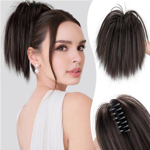 Adancyler Messy Bun Hair Piece Claw Clip in Lightweight Fluffy Straight Black Brown Hair Bun Updo Ponytail Extension Hairpieces Synthetic Pony Tails Hair Extensions for Women(Black Brown)