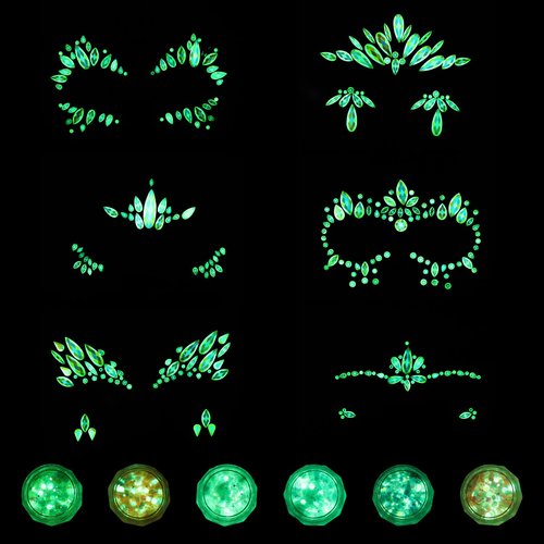 12 Sheets Glow in the Dark Face Jewels and Chunky Glitter Self Adhesive Face Gems Rhinestones Face Stickers Mermaid Luminous Glow in the Dark Glitter Temporary Glitter Face Tattoos for Festival Party