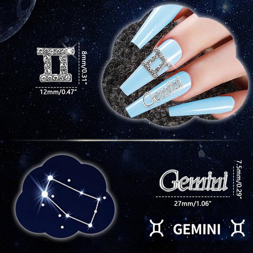 XEAOHESY 20 Pieces Silver Alloy Gemini Zodiac Nail Charms 10pcs Gemini Symbols Sign Charms for Nails 10pcs Gemini Words Nail Charms for Women Nail Art Decoration