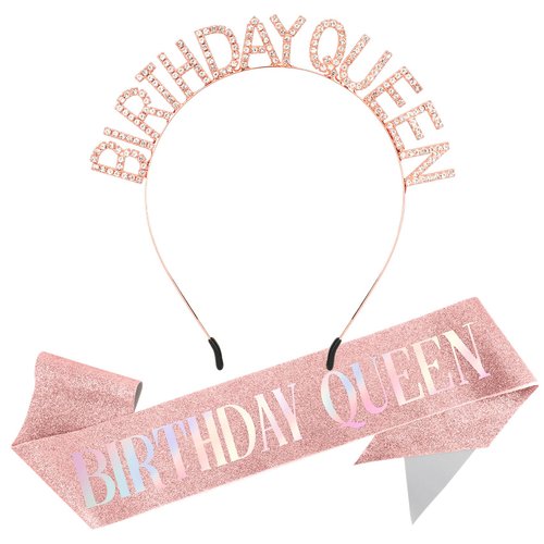Birthday Sash for Women,Birthday Crown Adult Woman,Birthday Tiara for Women Birthday Queen Glitter Rose Gold Birthday Sash and Crown Rhinestone Headband,Happy Birthday Headband Decoration Accessories