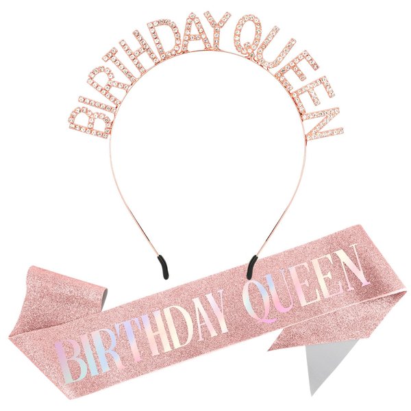 Birthday Sash for Women,Birthday Crown Adult Woman,Birthday Tiara for Women Birthday Queen Glitter Rose Gold Birthday Sash and Crown Rhinestone Headband,Happy Birthday Headband Decoration Accessories