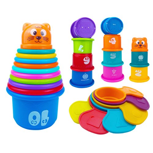 Ella Dream 17 PCs Multicolor Nesting and Stacking Cups Set, Baby Bathtub Toys, Early Learning Educational Toys for Infants, Toddlers, Stacking Cups with The Numbers, Shapes, Fruits, Animals Patten