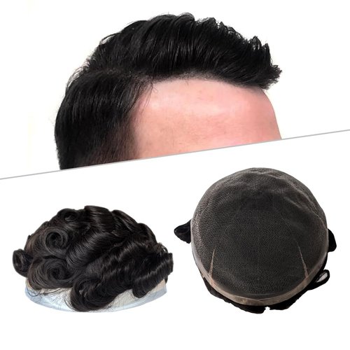 8×10 Full Lace Mens Toupee 100% Human Hair Wigs Transparent HD French Lace Breathable Man Toupee 25MM Wavy Curly Bleached Knots Natural Hairline 6 Inches Hair Length