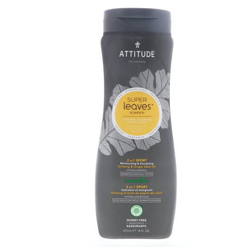 ATTITUDE Super leaves 2-in-1 Sport Shampoo & Body Wash for Men (Pack of 2) With Ginseng Extract, Grapeseed Oil, Moringa Seed Extract, 16 fl. oz. each