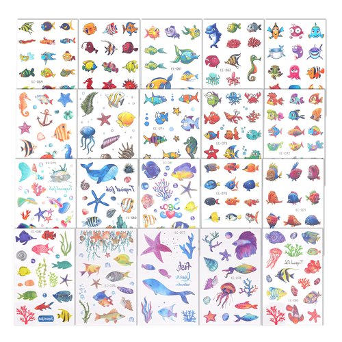 20 Sheets Ocean Creature Temporary Tattoos, Multi-Style under the Sea Whale Jellyfish Starfish Ocean Animal Temporary Tattoos for Kids Beach Party Decorations Supplies