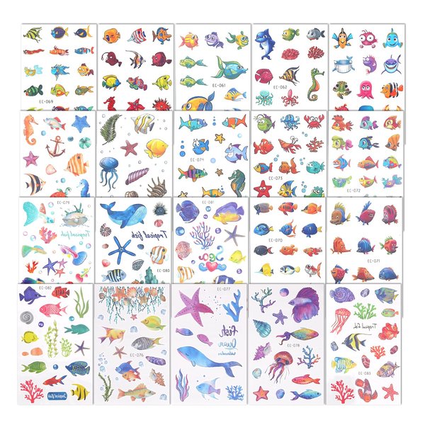20 Sheets Ocean Creature Temporary Tattoos, Multi-Style under the Sea Whale Jellyfish Starfish Ocean Animal Temporary Tattoos for Kids Beach Party Decorations Supplies