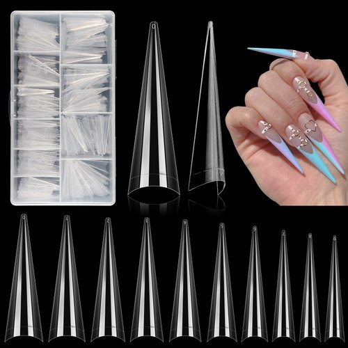 500Pcs Stiletto Nail Tips for Acrylic Nails, XL Long Clear False Nails Tips Soft Traceless, Half ...