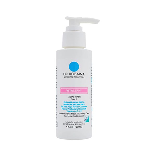 Dr. Robaina Facial Wash – Cleanser for Acne-Prone Skin with Aloe Vera, Cucumber & Vitamins A, C, E, Paraben-Free, 4 fl oz (120 mL)