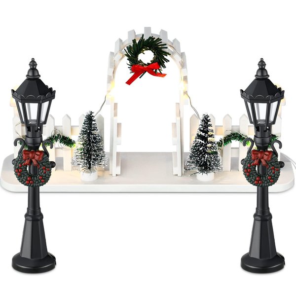 Zhengmy 3 Christmas Village Sets, 2 Miniature Street Lights for Mini Lamp Decorative Dollhouse Streetlight, and Gate Lit Figurine Landscape Fence with LED