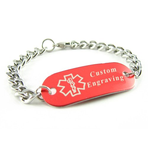 My Identity Doctor - Custom Engraved Medical ID Bracelet - Aluminum, Steel Curb Chain - Red - Wrist Size 5 Inch