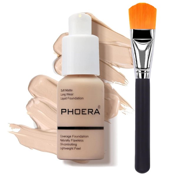 Glamza Phoera Foundation Set with Makeup Brush - Matte Cream Foundation Kit with 102 (Nude) Shade & Applicator - Full Coverage Concealer - 24hr Oil Control - 30ml