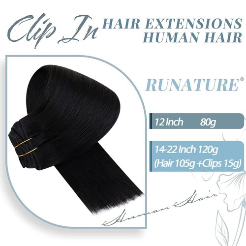 RUNATURE 22 Inch Hair Extensions Clip in Off Black Hair Extensions Clip in Human Hair Double Weft Straight Clip in Hair Extensions Black Human Hair Full Head 120g 7 Pieces