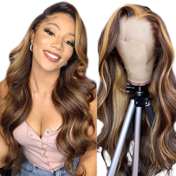 ABALON Honey Blonde Body Wave Lace Front Wigs Human Hair Pre Plucked with Baby Hair Colored Highlight Ombre 13x4 HD Transparent P4/27 180% Density Lace Fontal Wigs for Women Natural Hairline 24Inch