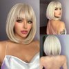 Qihang Blonde Bob Wig for Women, Short Blonde Wigs with Bangs, Straight Platinum Blonde Synthetic Hair Wig for Daily Party Use Heat Resistant 12 Inch