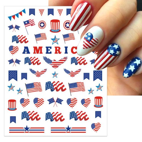 IDDFEVE 12 Sheets 4th of July Nail Stickers, USA Independence Day Patriotic Nail Decals, 3D Design Self-Adhesive Flag Star Nail Art