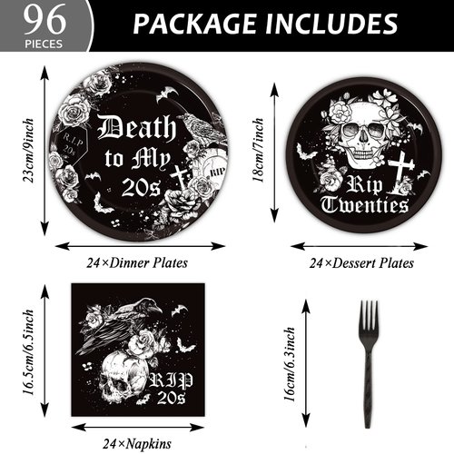 gisgfim 30th Birthday Party Supplies Tableware Set for 24 Guests Death To My Twenties Birthday Party Paper Plates Napkins Disposable Black Rip To My 20s Decorations Favors for Funeral My Youth Party