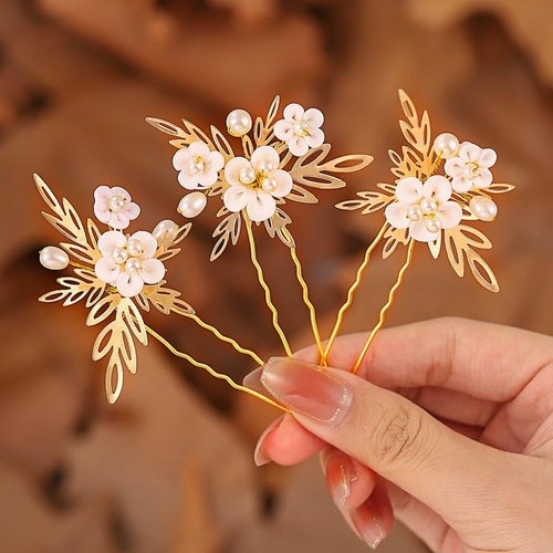 BARTOSI Gold Flower Bridal Hair Pins Leaf Bride Wedding Hair Pieces Pearl Hair Accessories for Women and Girls (Pack of 3)
