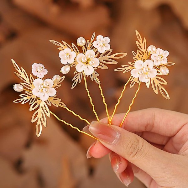 BARTOSI Gold Flower Bridal Hair Pins Leaf Bride Wedding Hair Pieces Pearl Hair Accessories for Women and Girls (Pack of 3)