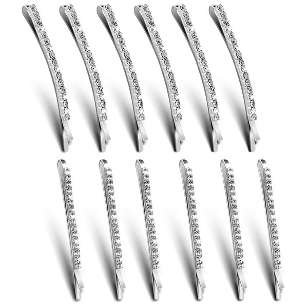 12PCS Silver Bobby Pins for Hair, Elegant Rhinestone Hair Pins Alloy Crystal Hair Clips Bling Diamond Hair Accessories Decorative for Women Ladies Girls Wedding Prom Party