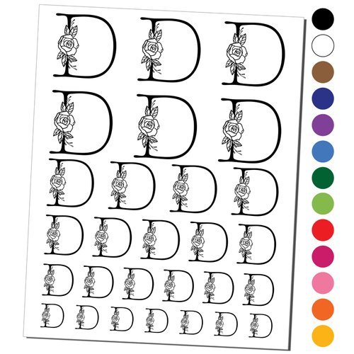 Rose Typewriter Font Capital Letter D Temporary Tattoo Water Resistant Fake Body Art Set Collection - Black (One Sheet)