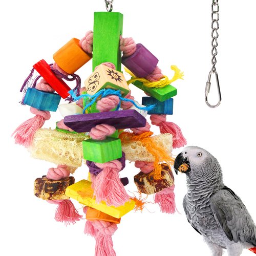 MQUPIN Parrot Toys Bird Toys Nutritional Chewing Toys, Handmade Wooden Bird cage Chew Toys with Natural Nuts, Shells and loofahs for Small to Medium Birds Macaws, Cockatoos, African Greys,Cockatiels