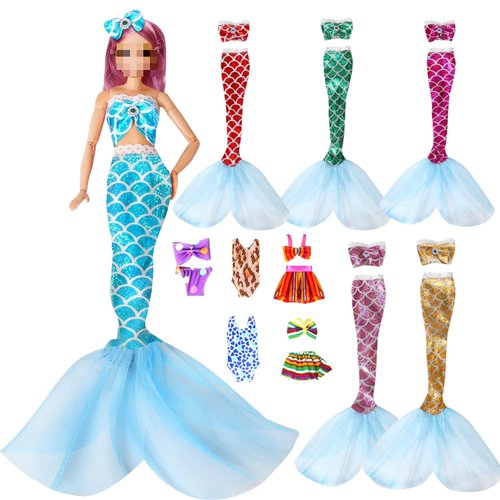 Sparkling Mermaid Doll Clothes Set - 11.5 Inch Doll Fashion Dresses for Girls - 11 Pcs Dolls Swimsuit Mermaid Clothes and Accessories with Colorful Mermaid Tail and Bikini Top Swimwear for Girl Gifts