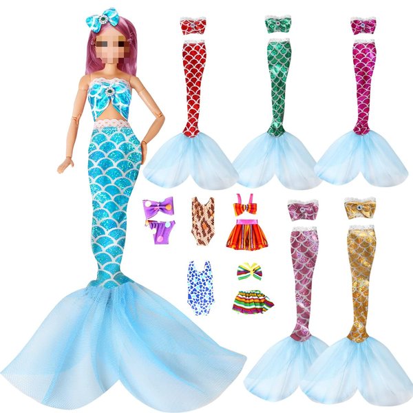 Sparkling Mermaid Doll Clothes Set - 11.5 Inch Doll Fashion Dresses for Girls - 11 Pcs Dolls Swimsuit Mermaid Clothes and Accessories with Colorful Mermaid Tail and Bikini Top Swimwear for Girl Gifts