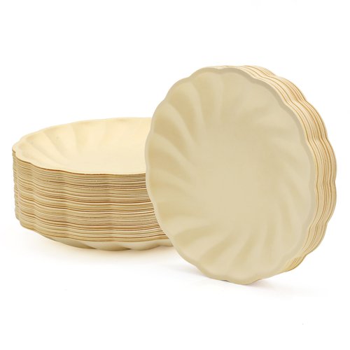 BangShou 7 Inch Disposable Paper Plates, 100% Compostable Party Plates, 50 Pcs Small Dessert Plate Yellow Christmas Plates for Everyday Use, Wedding, Birthday, Party, BBQ