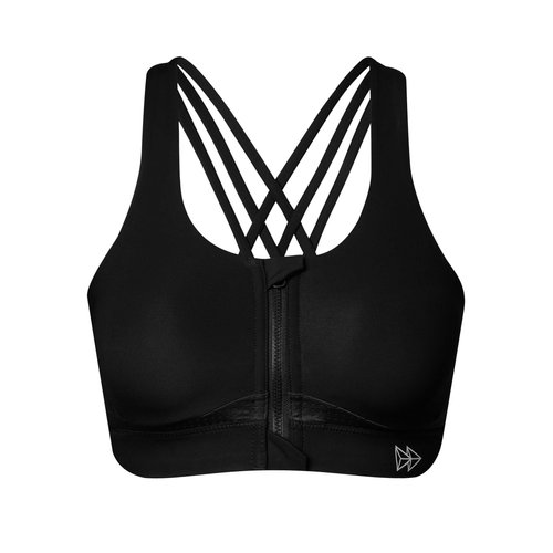 Yvette Strappy Zip Front Sports Bra High Impact Workout Bra for Running Spinning Dancing Women, Black, 2XL(DF)