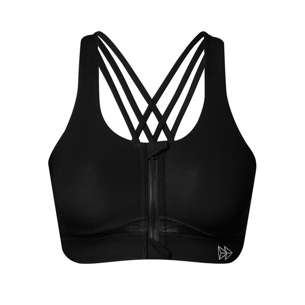 Yvette Strappy Zip Front Sports Bra High Impact Workout Bra for Running Spinning Dancing Women, Black, 2XL(DF)