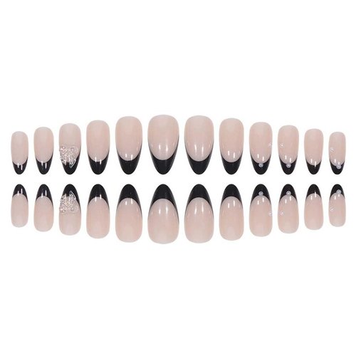 Foccna Press on Nails Medium Pearl Black Fake Nails Almond Glossy 3D False Nail Tips French Artificial Nails Finger Manicure for Women and Girls,24pcs