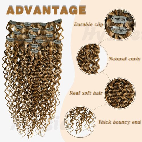 Hyssiet Curly Human Hair Clip in Extensions 7pcs with 16 Clips Healthy Wavy Clip Hair Extensions Real Human Hair 120g18 Inch Dark Brown Highlighted Honey Blonde Soft Thick Curly Hair Extensions