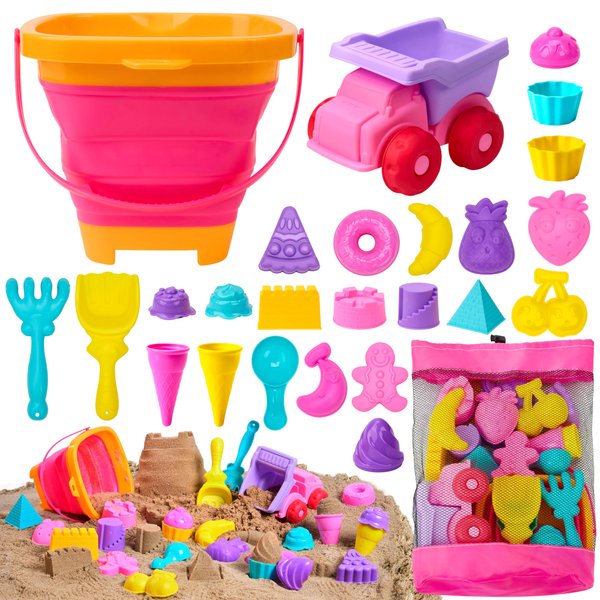 Sloosh Beach Sand Toys Set - Pink Dump Truck Car Toys with Sand Molds Toddlers Outdoor Play, Collapsible Buckets Mesh Bag Sand Shovels Castle Ice Cream Mold Sets, Kids Ages Sandbox Toys (Foods)