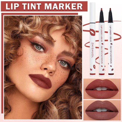 ZHISHUDL 2PCS Lip Tint Stain Marker Dark Red Matte Liquid Lipstick & Lip Liner Pencil Long Lasting Waterproof Lip Liner Stain Non-Stick Cup Lip Makeup Stain Liner Marker + 01Dark Red + 06 Cherry Red