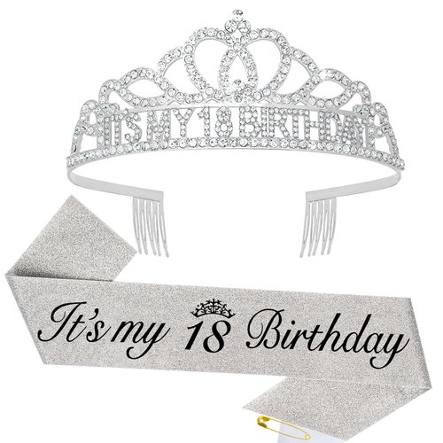 BAHABY Silver It's My 18 Birthday Sash and Crown 18th Birthday Decorations Birthday Tiara Birthday Party Favors