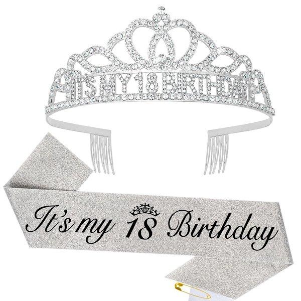 BAHABY Silver It's My 18 Birthday Sash and Crown 18th Birthday Decorations Birthday Tiara Birthday Party Favors