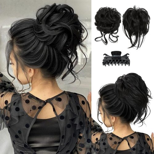 SARLA 2PCS Messy Bun Hair Pieces Detachable Claw Clip Wavy Curly Synthetic Hairpieces Fake Scrunchies Updo Ponytail Extension for Women Black