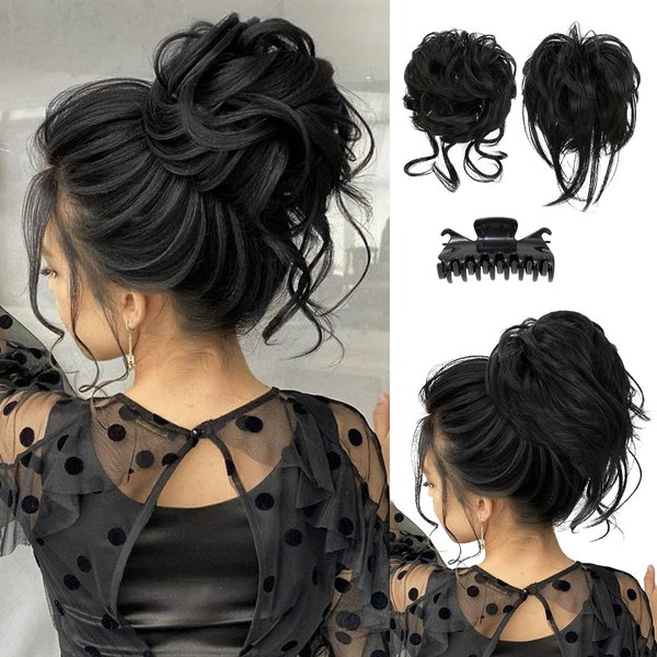 SARLA 2PCS Messy Bun Hair Pieces Detachable Claw Clip Wavy Curly Synthetic Hairpieces Fake Scrunchies Updo Ponytail Extension for Women Black