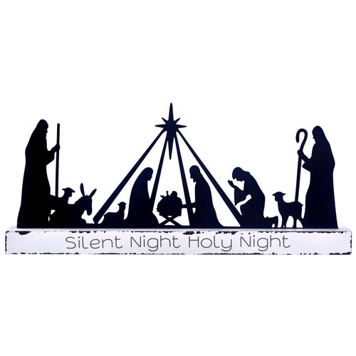 Nativity Scene for Christmas, Metal Nativity Decoration Sign Set with Wooden Base Indoor Outdoor Sculpture People Decor Silhouette Ornament for Holiday Garden Lawn Yard Xmas Home Table Shelf (Black)