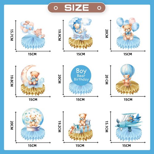 9 Pieces Bear Baby Shower Honeycomb Centerpieces Bear Table Decorations 3D Table Topper Decor for Kids Birthday Gender Reveal Newborn Party Favors Supplies (Blue Bear)