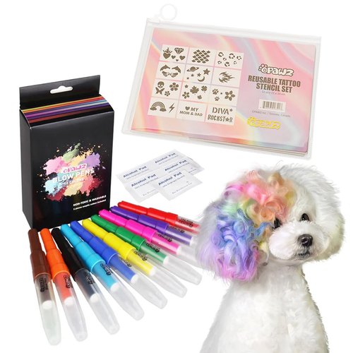 OPAWZ Blow Pen 10 Colors with Tattoo Stencil 12pcs Suit, Temporary Color Dog Hair Dye, Non-Toxic and Washable Pet Hair Dye, Semi Permanent Color Dye for Dogs and Cats Grooming