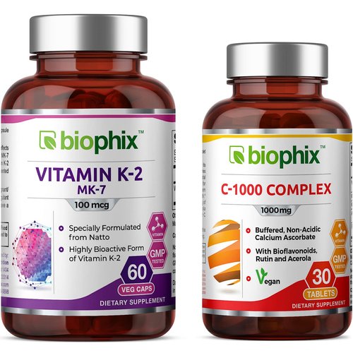 biophix Vitamin K2 MK-7-100 mcg 60 Vcaps - Free Vitamin C-1000 30 Tablets - Supports Strong Bones Immune Health and D-3